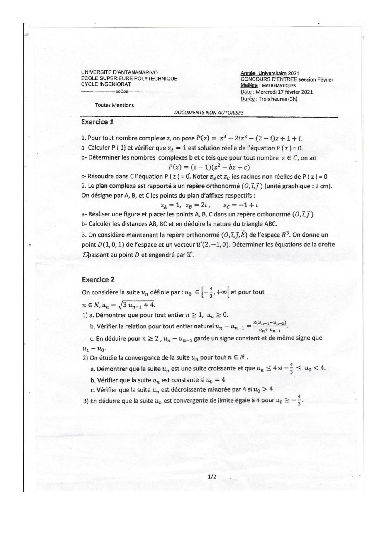 Sujet mathématiques concours ESPA Polytechnique Antananarivo session 2021