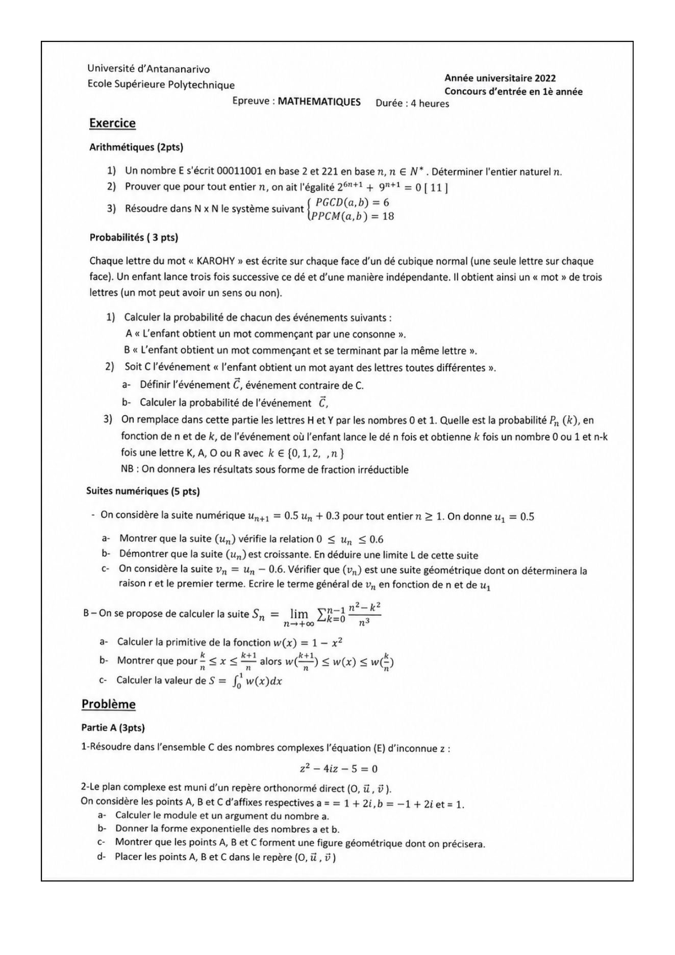 Sujet mathématiques concours ESPA Polytechnique Antananarivo session 2022