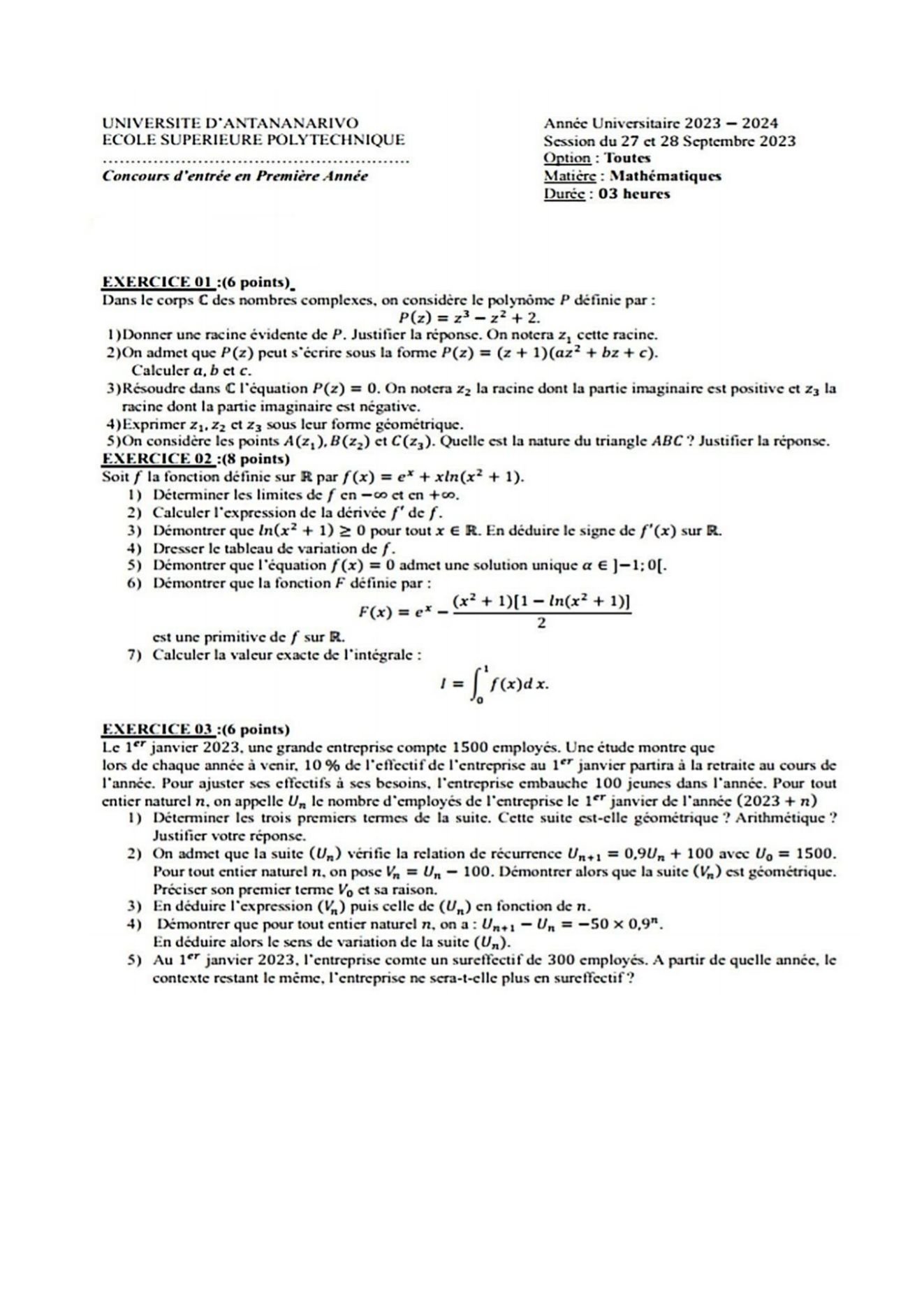 Sujet mathématiques concours ESPA Polytechnique Antananarivo session 2023