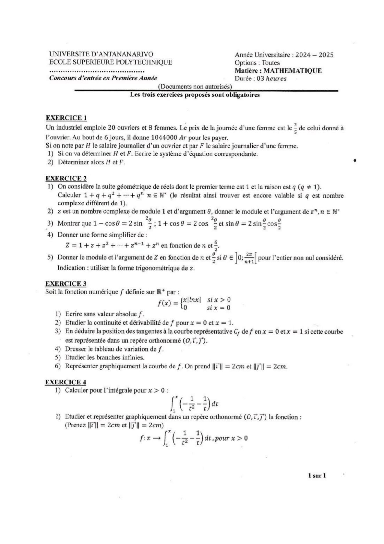 Sujet mathématiques concours ESPA Polytechnique Antananarivo session 2024