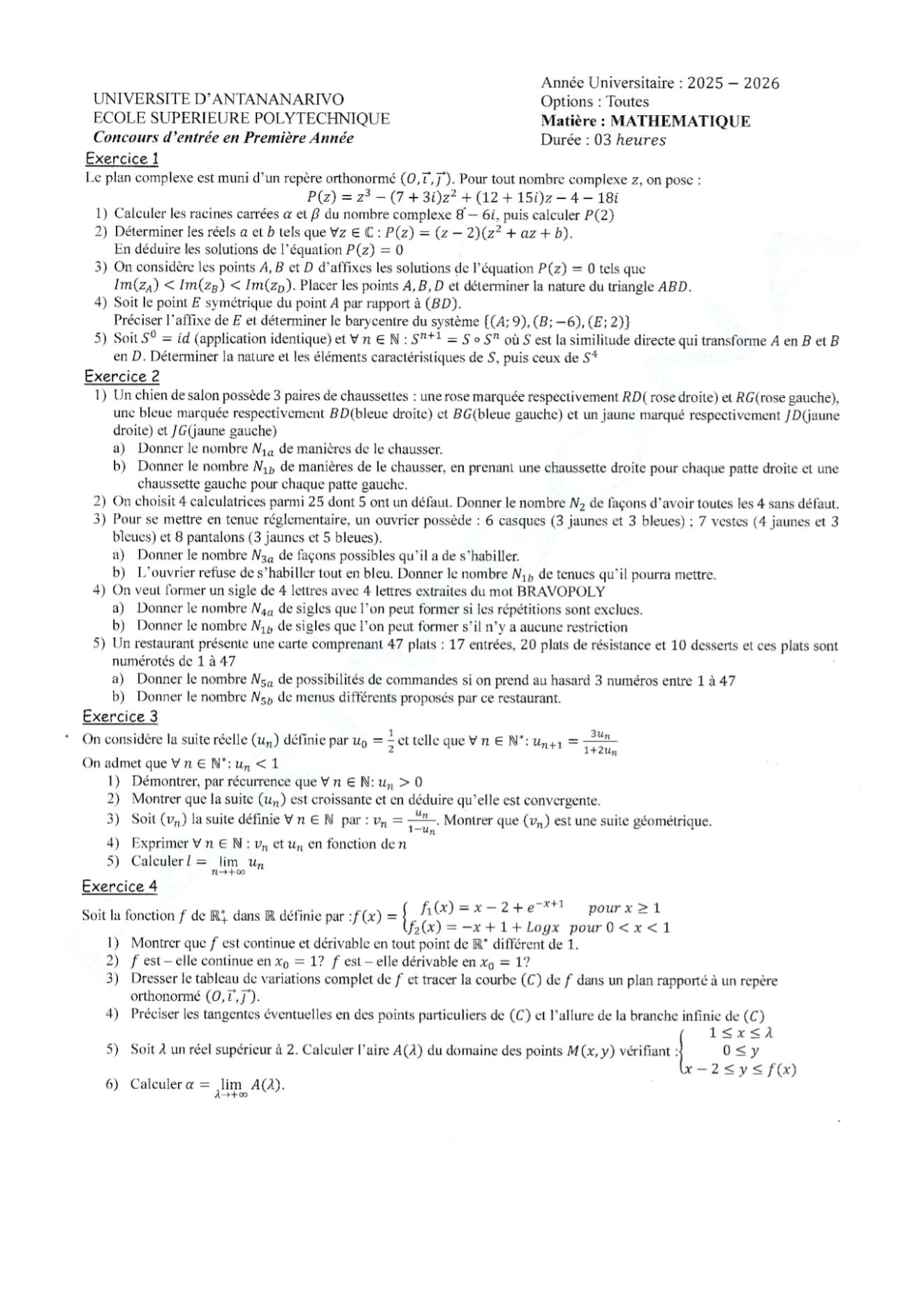 Sujet mathématiques concours ESPA Polytechnique Antananarivo session 2025