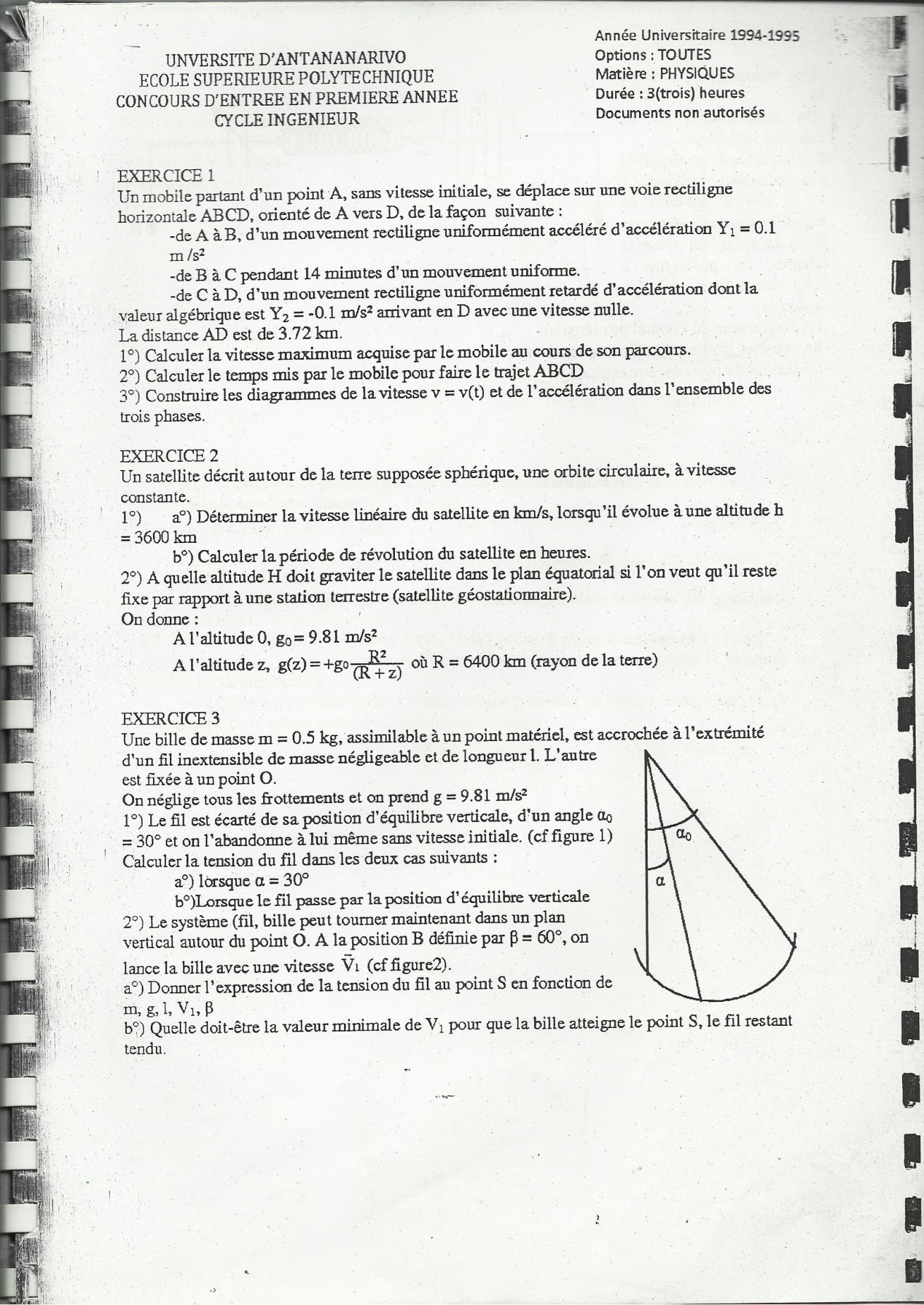 Sujet physique concours ESPA Polytechnique Antananarivo session 1994
