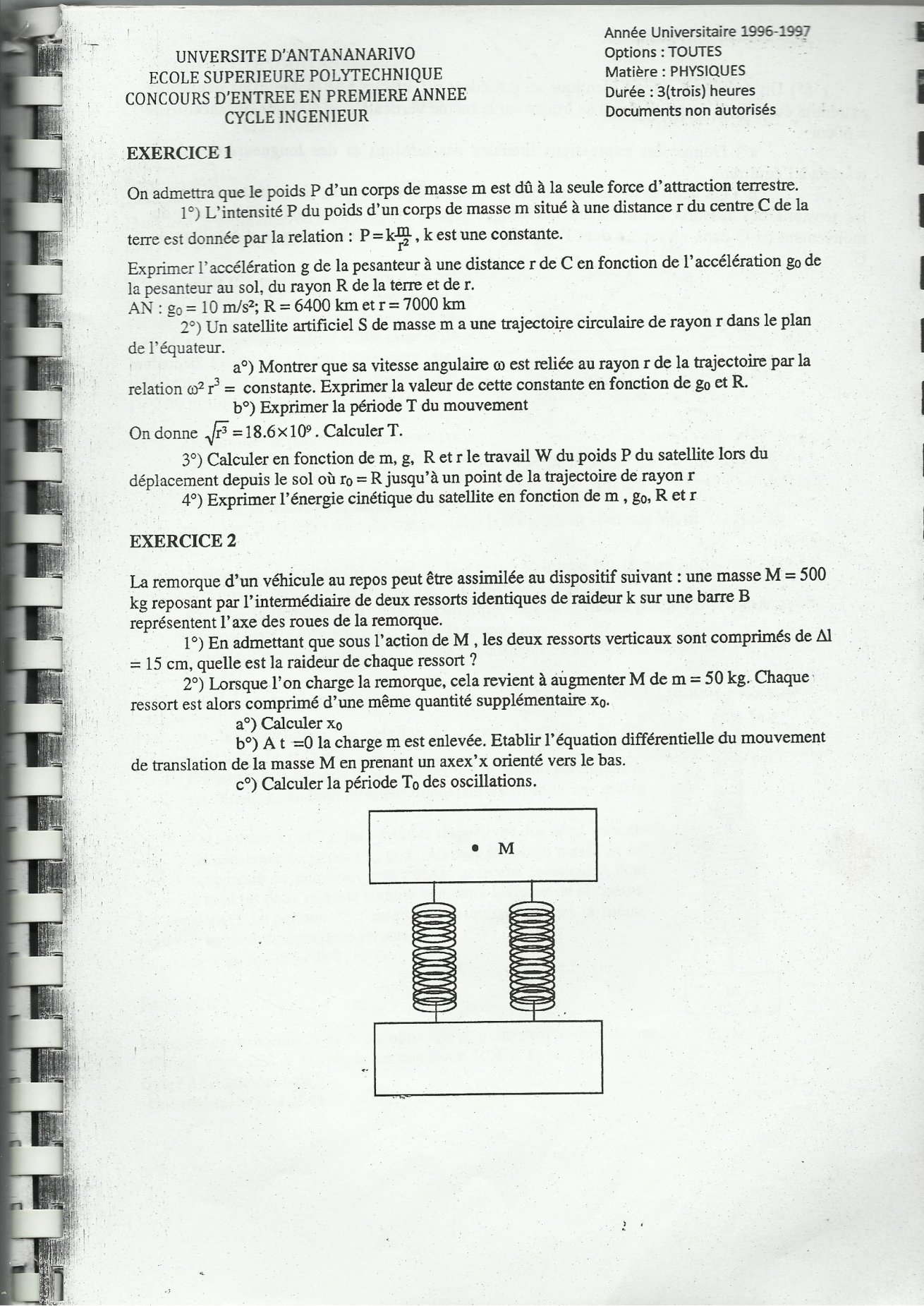 Sujet physique concours ESPA Polytechnique Antananarivo session 1996