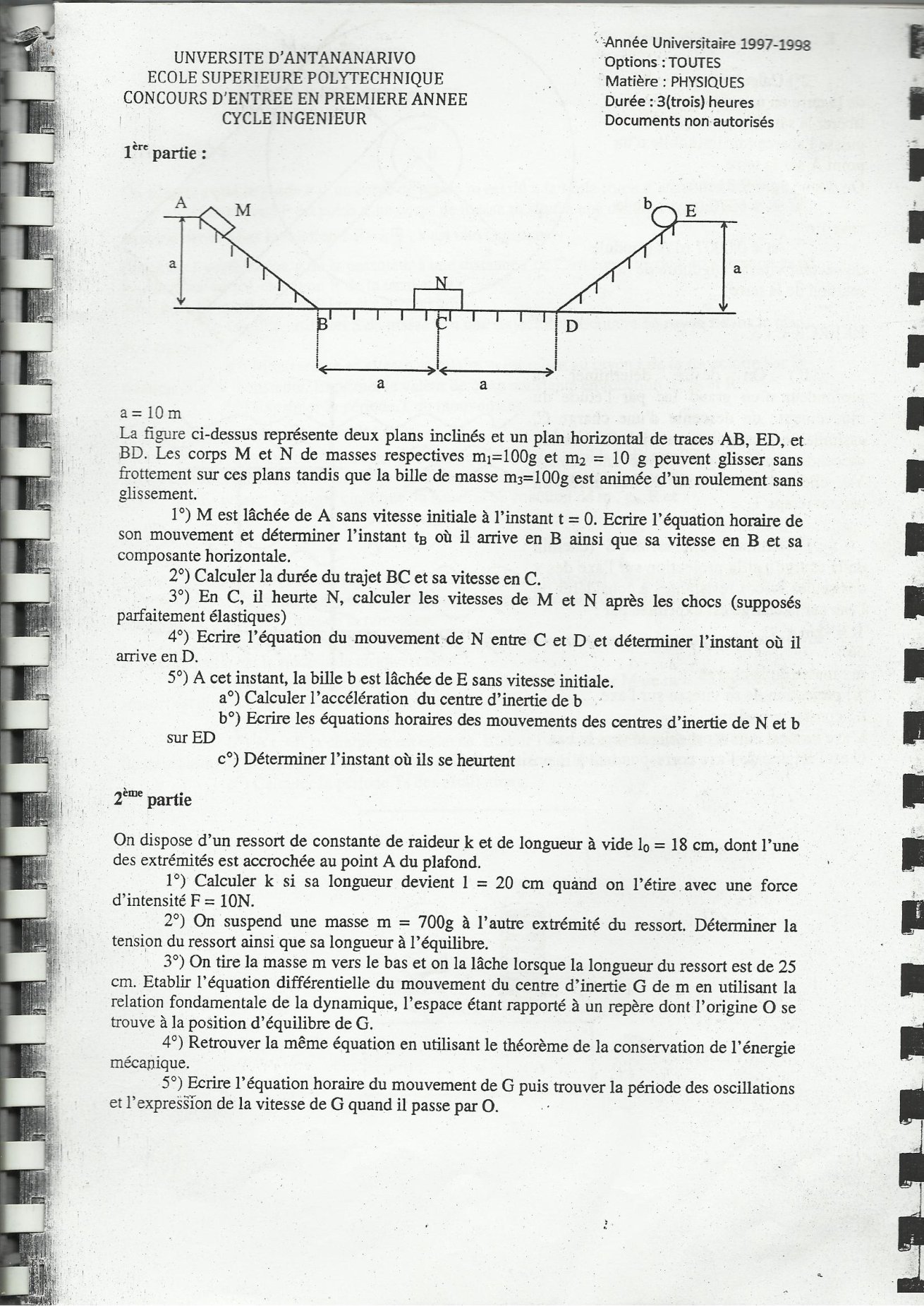 Sujet physique concours ESPA Polytechnique Antananarivo session 1997