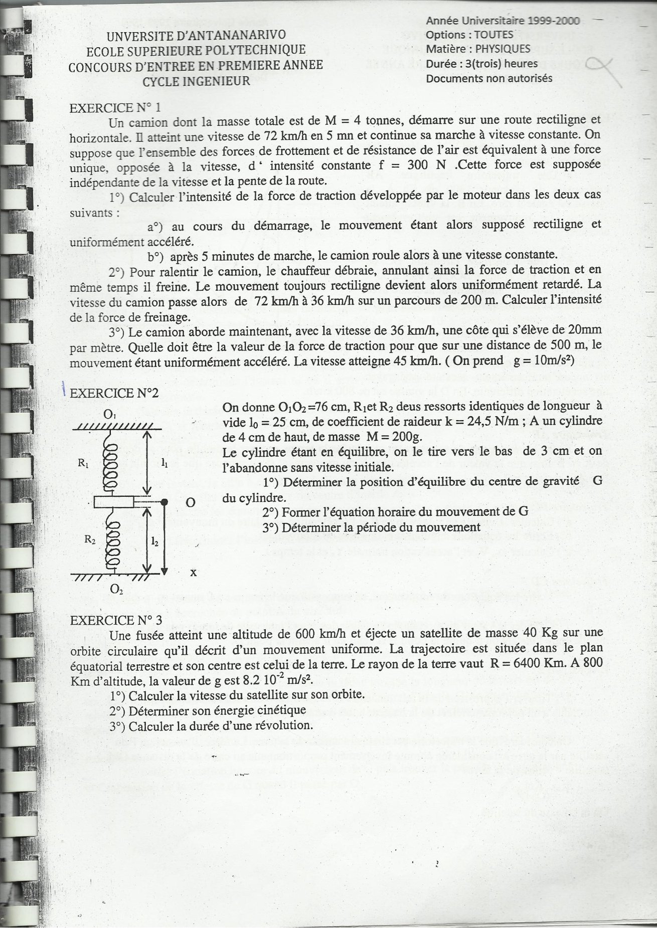 Sujet physique concours ESPA Polytechnique Antananarivo session 1999