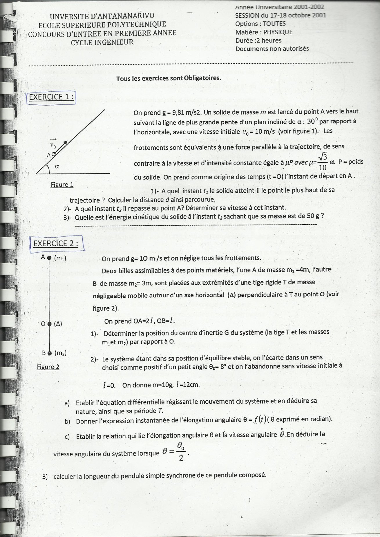 Sujet physique concours ESPA Polytechnique Antananarivo session 2001