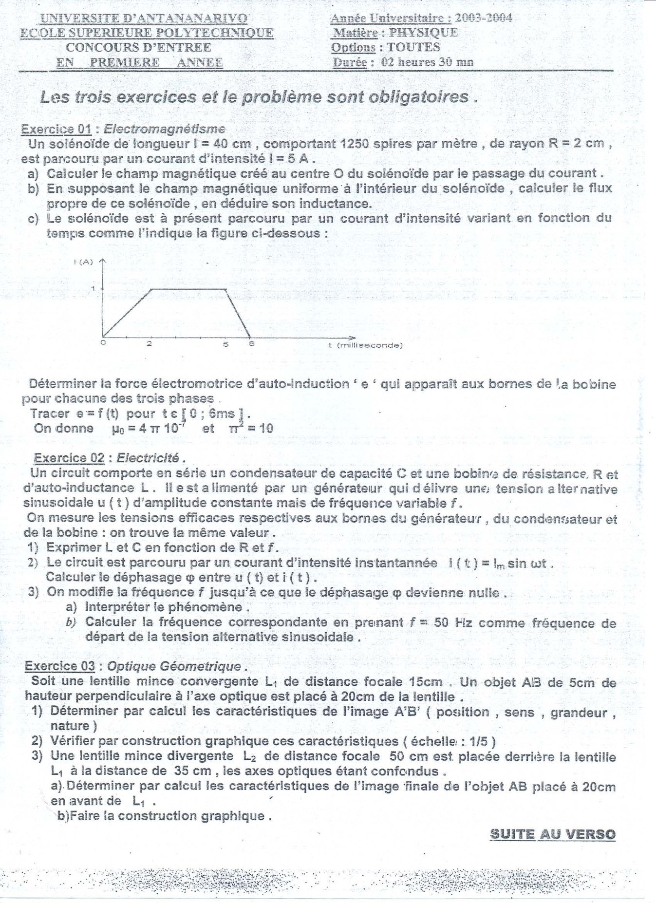 Sujet physique concours ESPA Polytechnique Antananarivo session 2003
