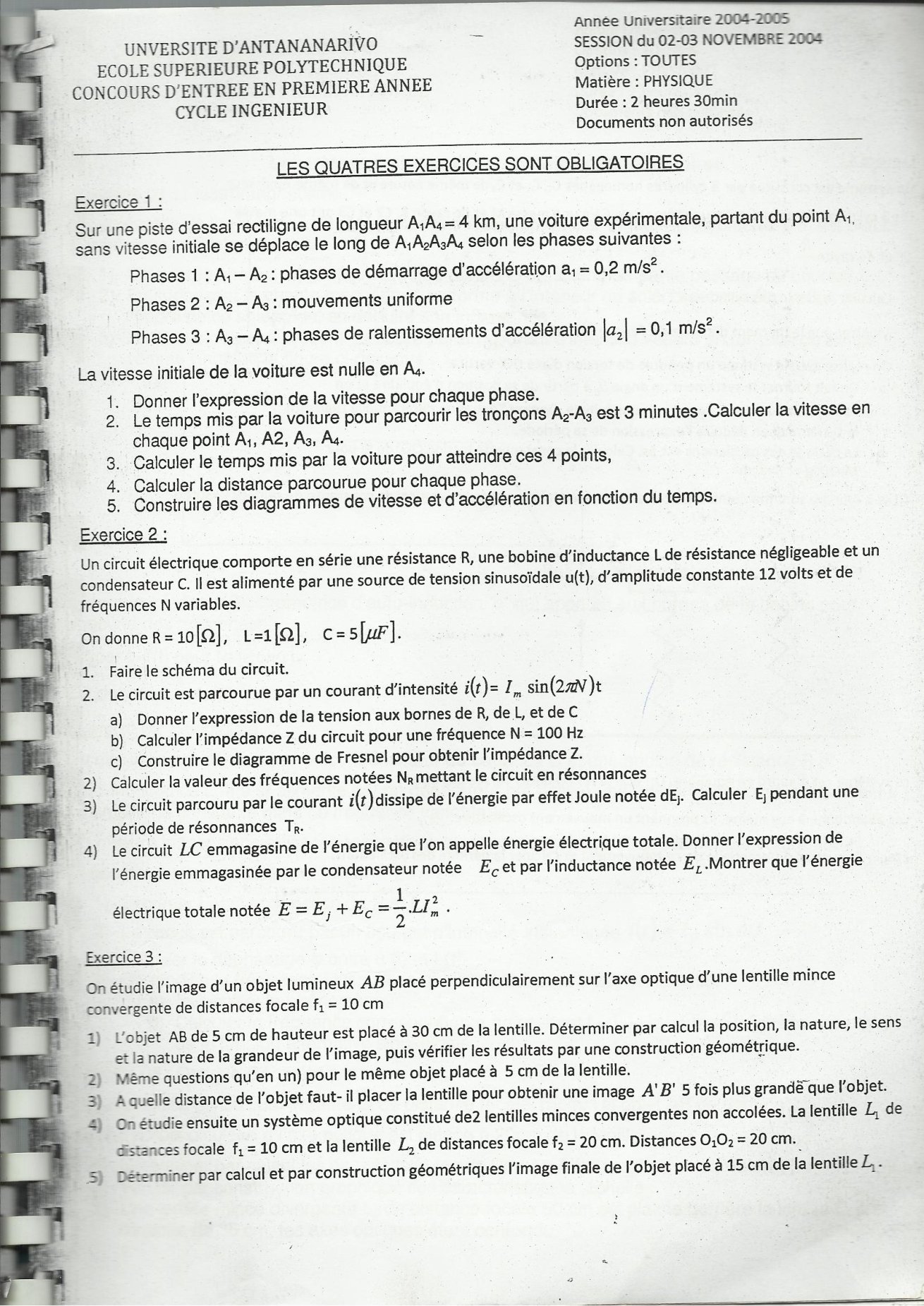 Sujet physique concours ESPA Polytechnique Antananarivo session 2004
