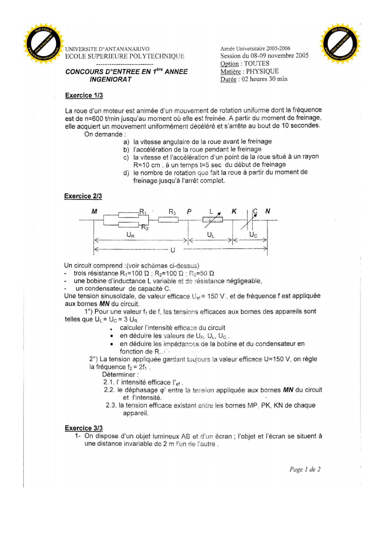 Sujet physique concours ESPA Polytechnique Antananarivo session 2005 (page 1/2)