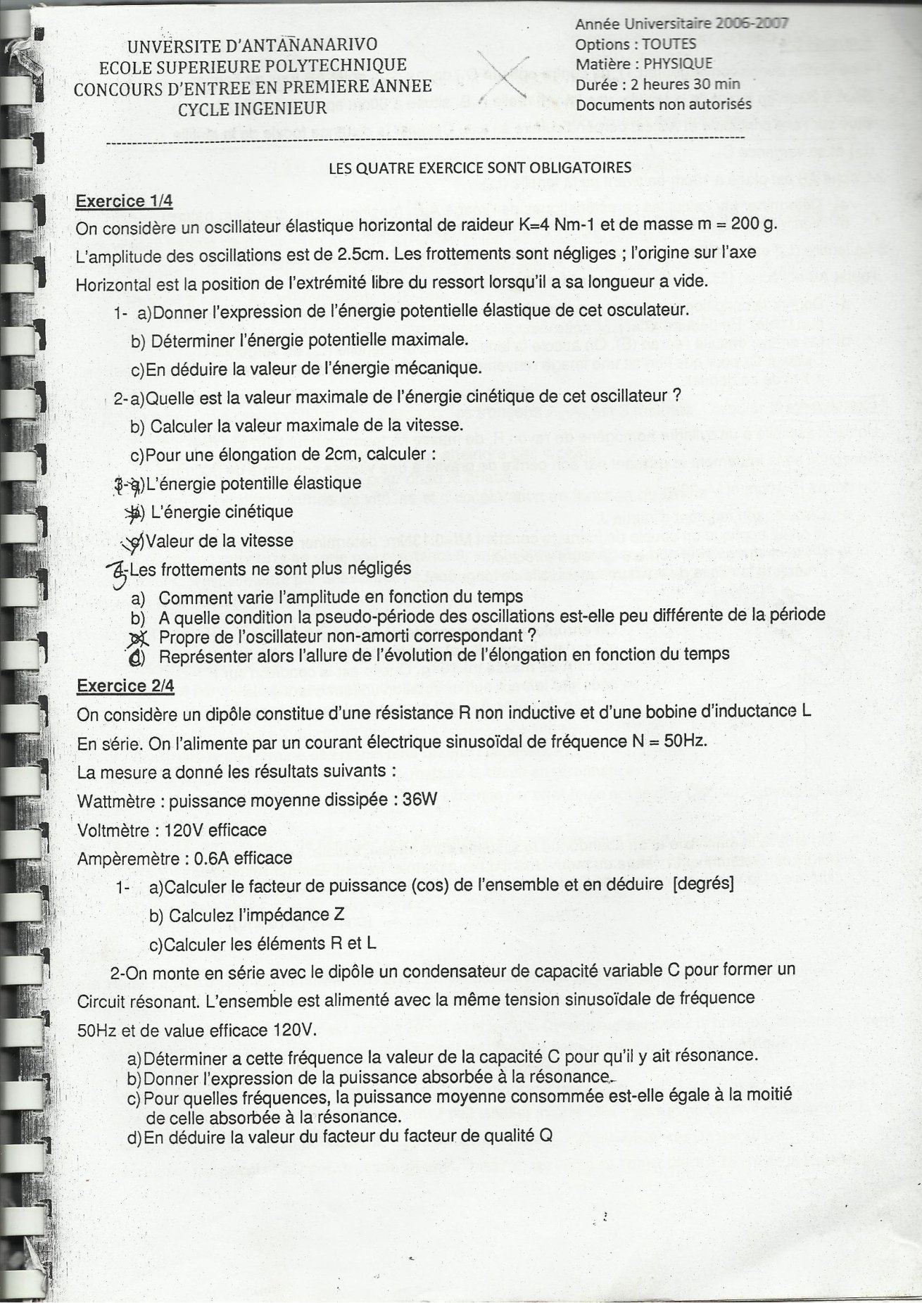 Sujet physique concours ESPA Polytechnique Antananarivo session 2006 (année 2006-2007)
