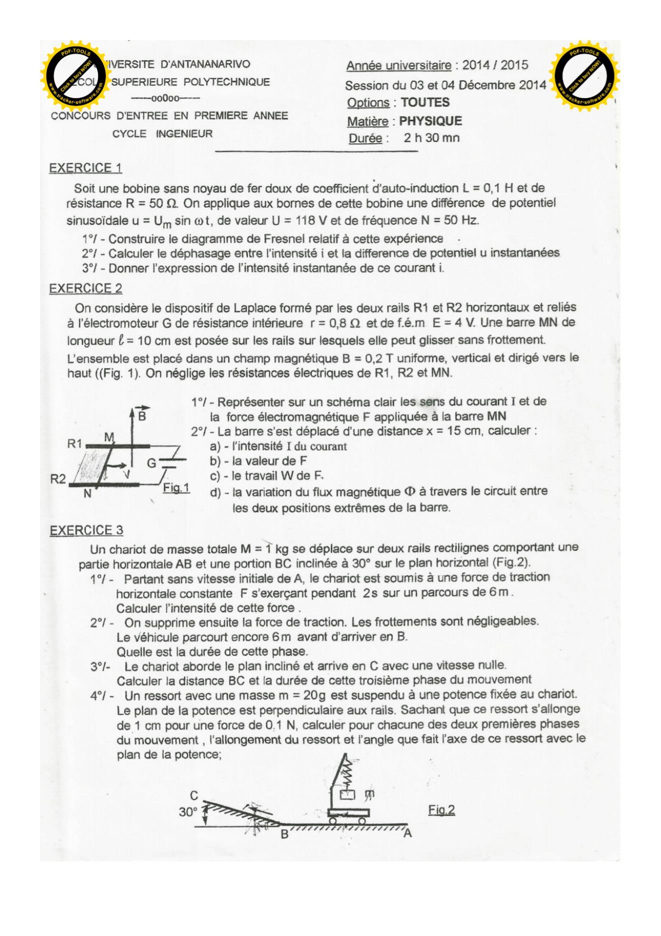 Sujet physique concours ESPA Polytechnique Antananarivo session 2014