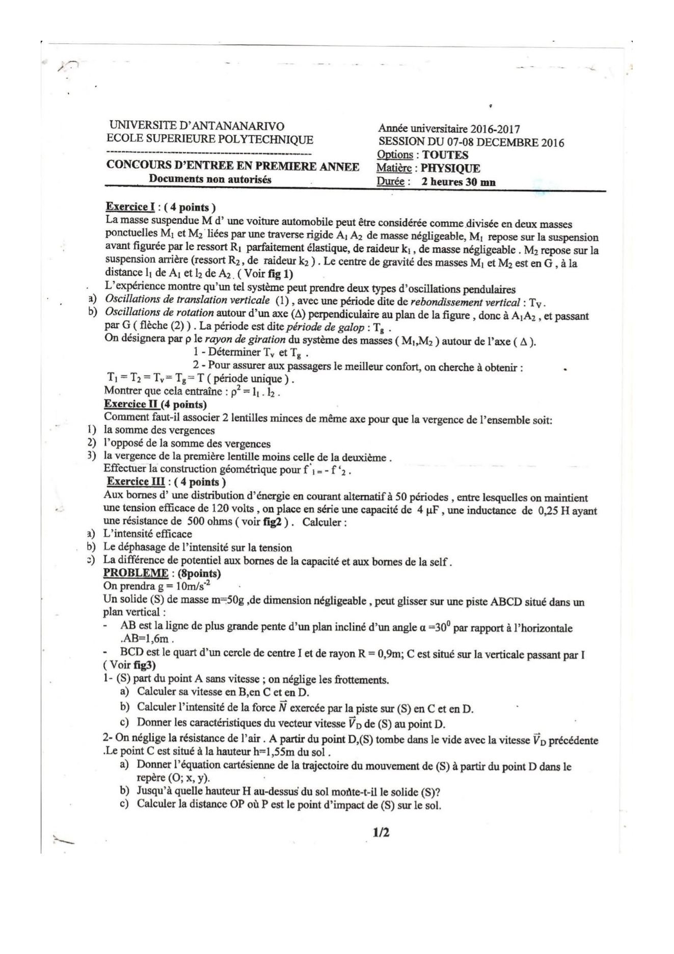 Sujet physique concours ESPA Polytechnique Antananarivo session 2016 (page 1/2)