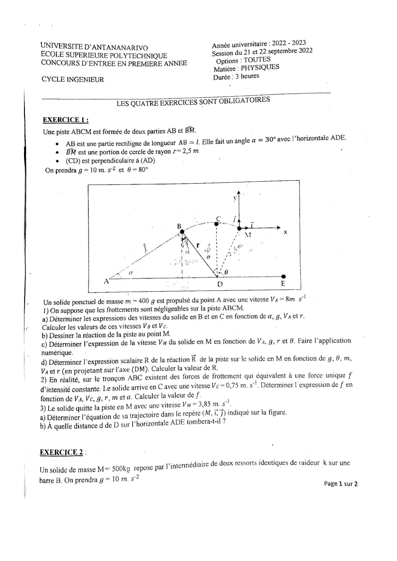 Sujet physique concours ESPA Polytechnique Antananarivo session 2022 (page 1/2)