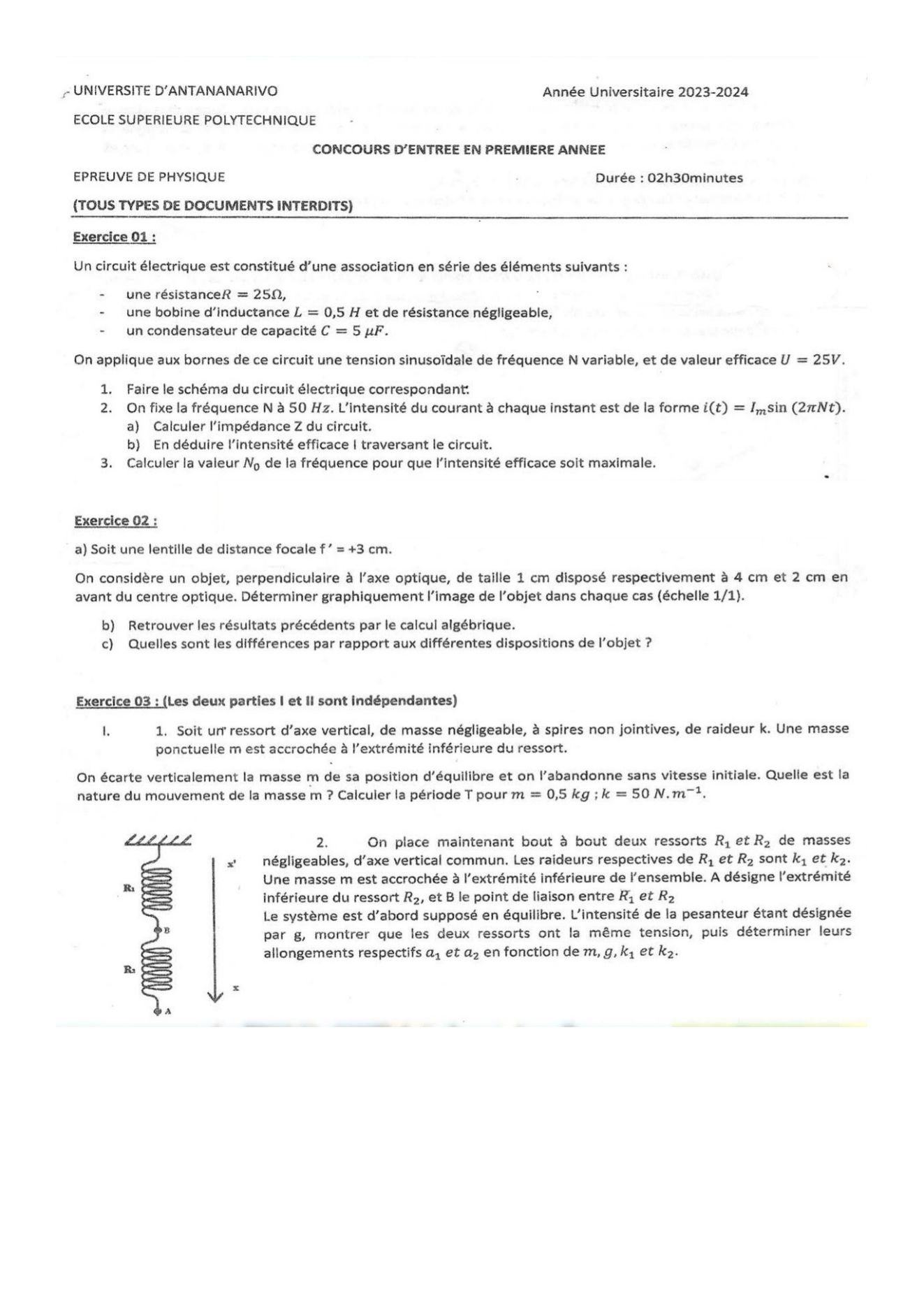 Sujet physique concours ESPA Polytechnique Antananarivo session 2023 (page 1/2)