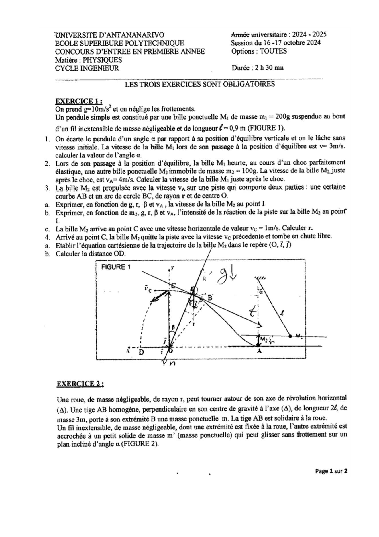 Sujet physique concours ESPA Polytechnique Antananarivo session 2024 (page 1/2)