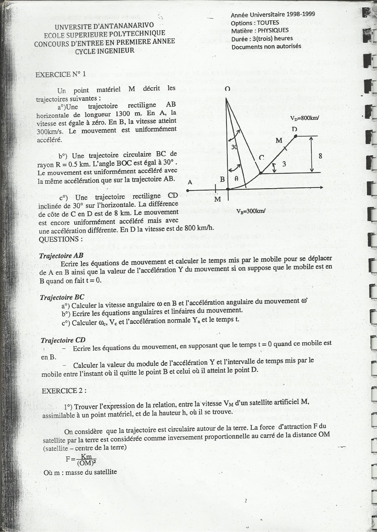 Sujet physique concours ESPA Polytechnique Antananarivo session 1998 (année 1998-1999)