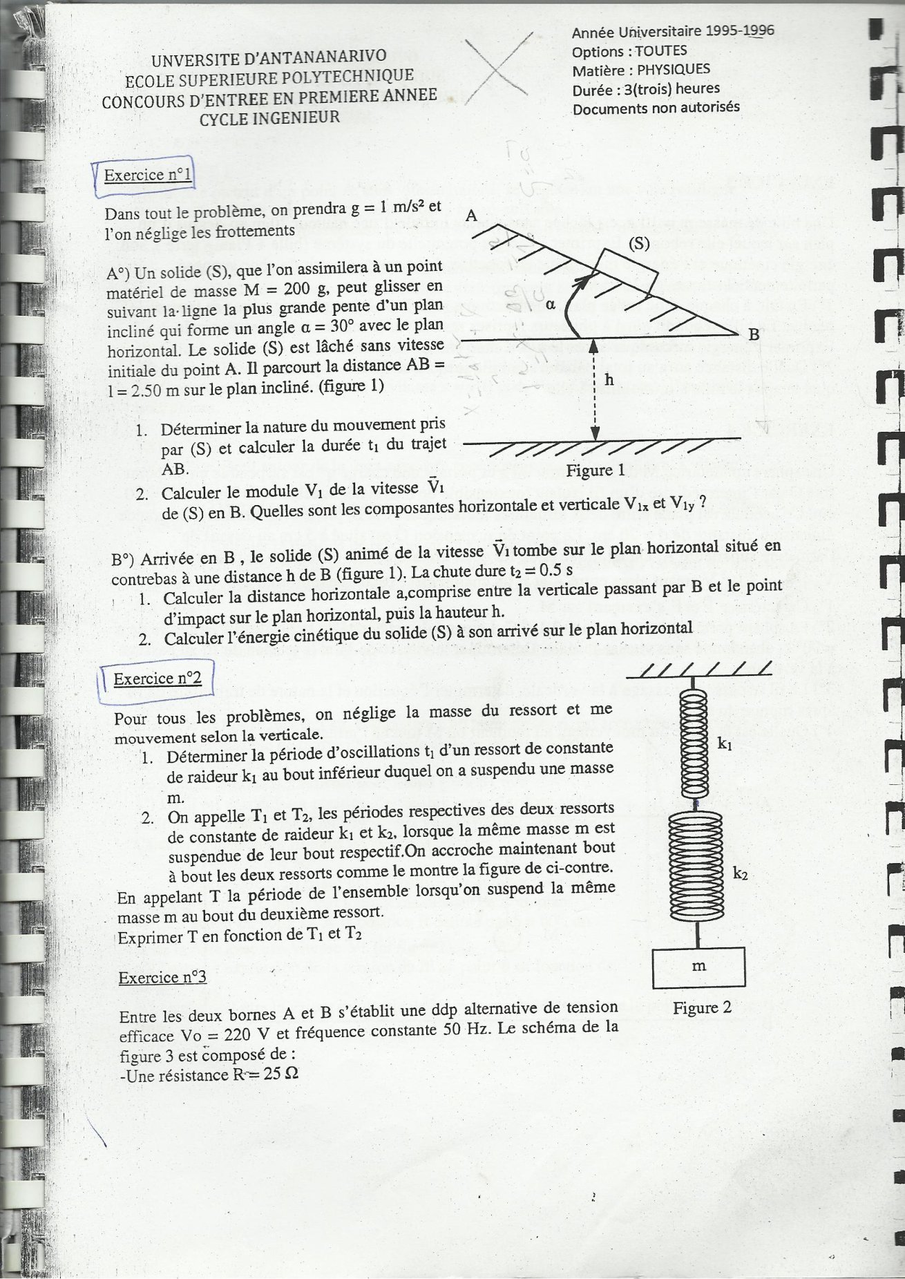 Sujet physique concours ESPA Polytechnique Antananarivo session 1995 (année 1995-1996)