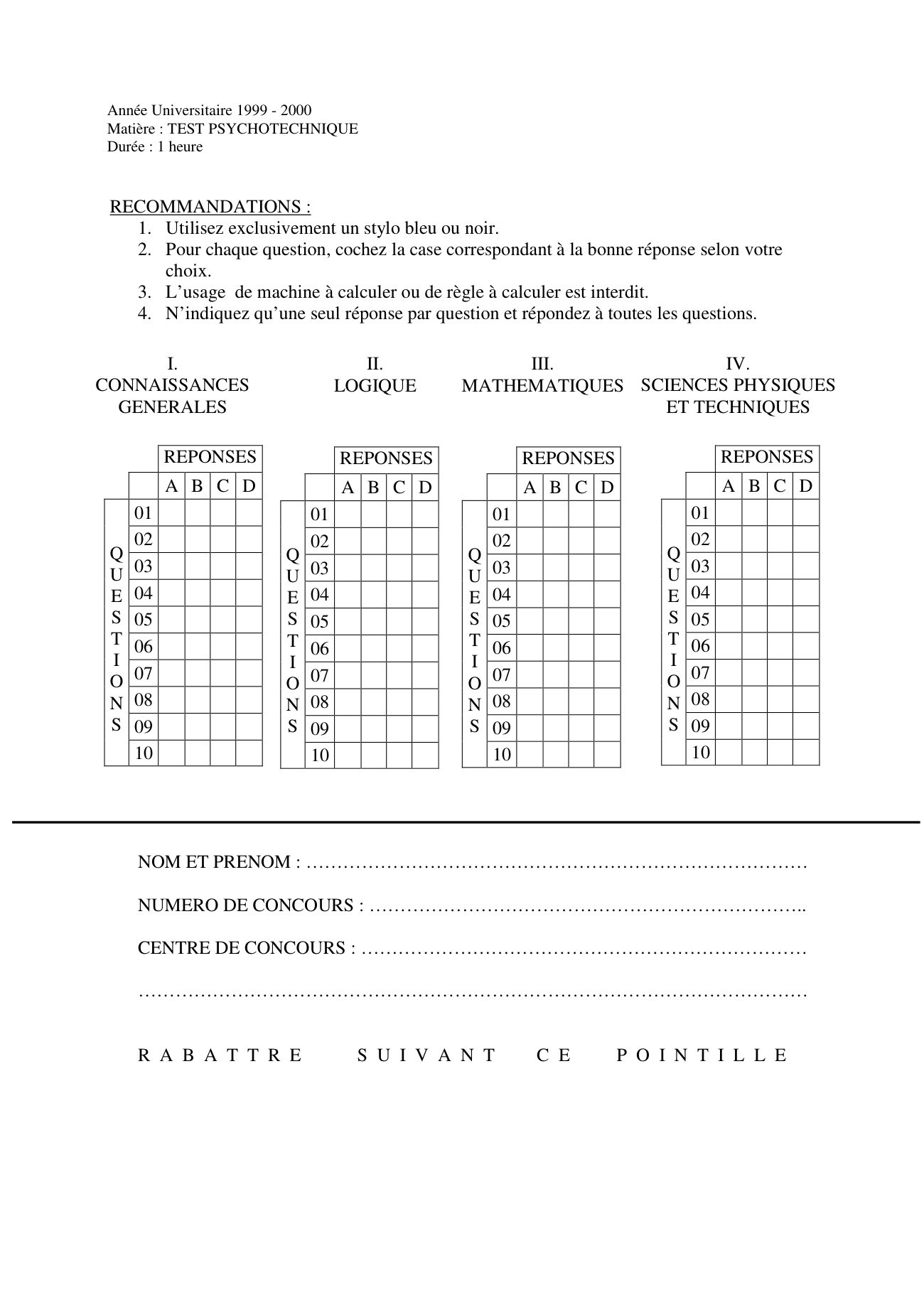 Sujet test psychotechnique concours ESPA Polytechnique Antananarivo session 1999 (année 1999-2000)