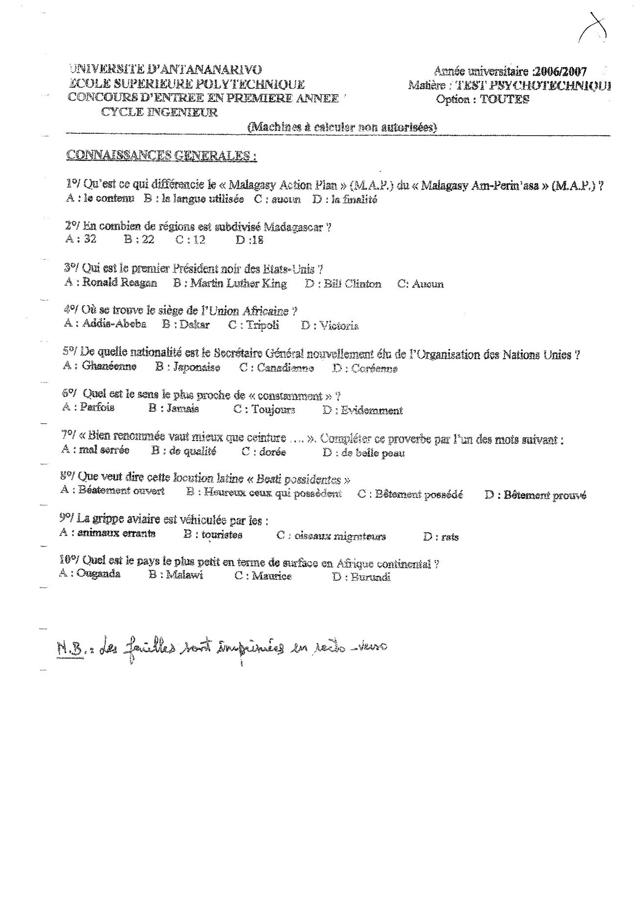 Sujet test psychotechnique concours ESPA Polytechnique Antananarivo session 2006