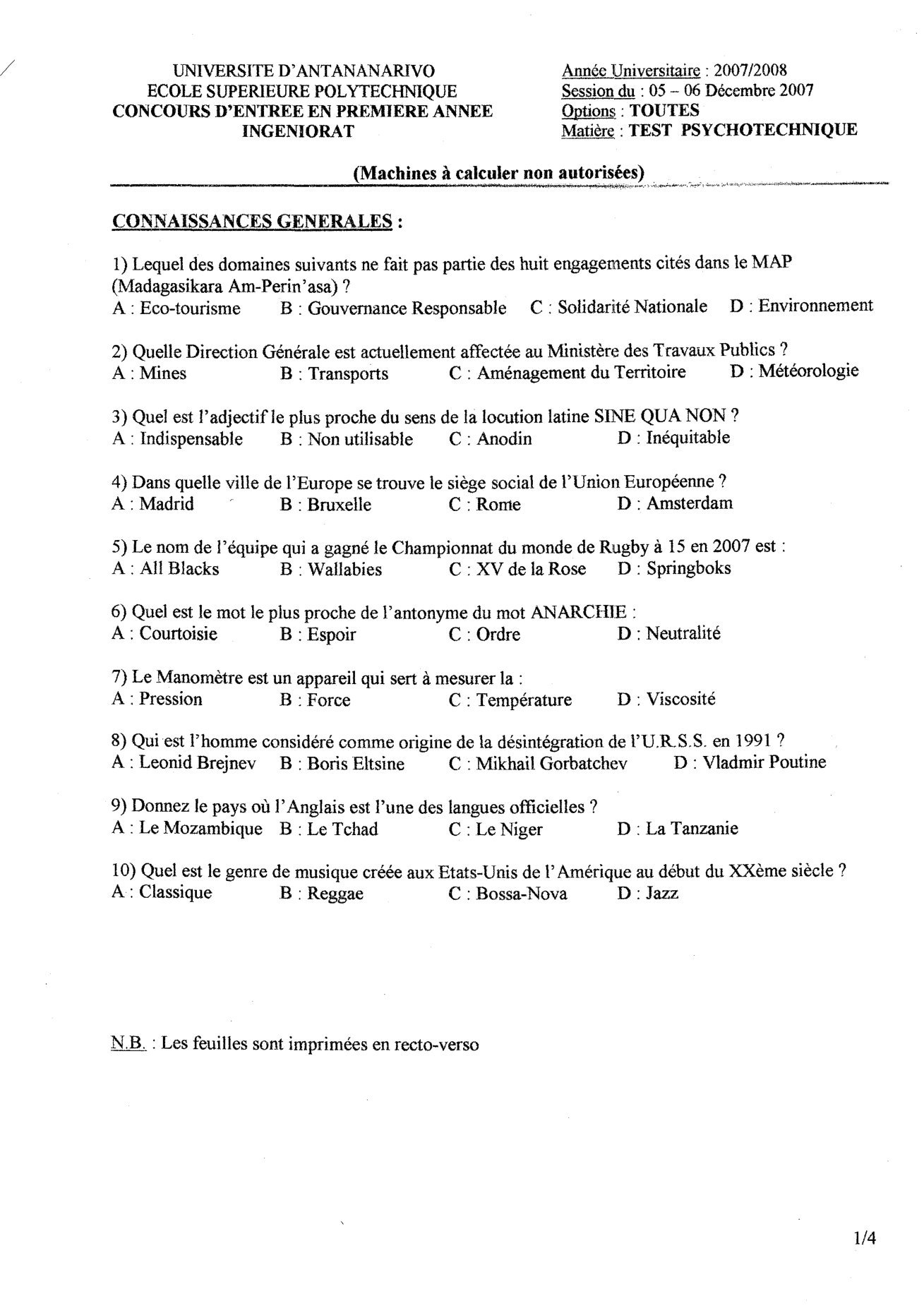Sujet test psychotechnique concours ESPA Polytechnique Antananarivo session 2007