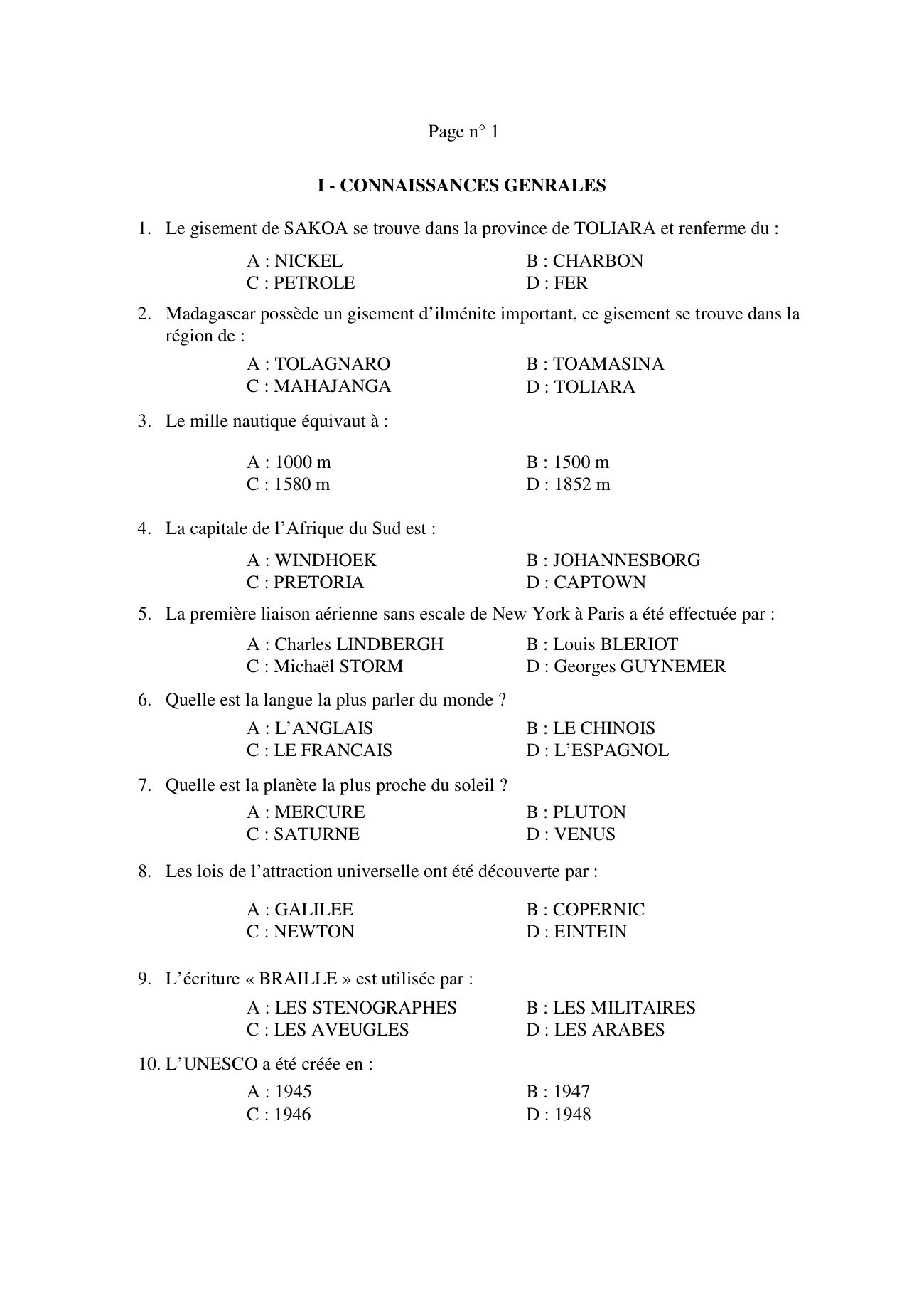 Sujet test psychotechnique concours ESPA Polytechnique Antananarivo test — session non datée
