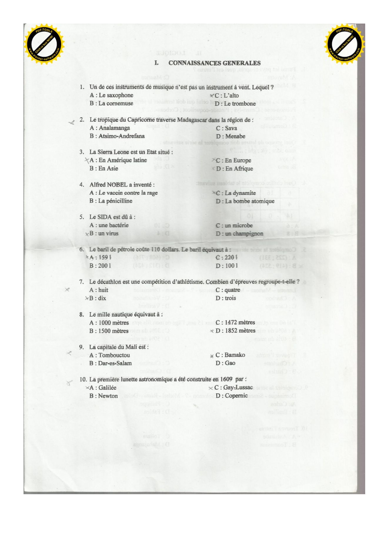 Sujet test psychotechnique concours ESPA Polytechnique Antananarivo test non daté n° 2