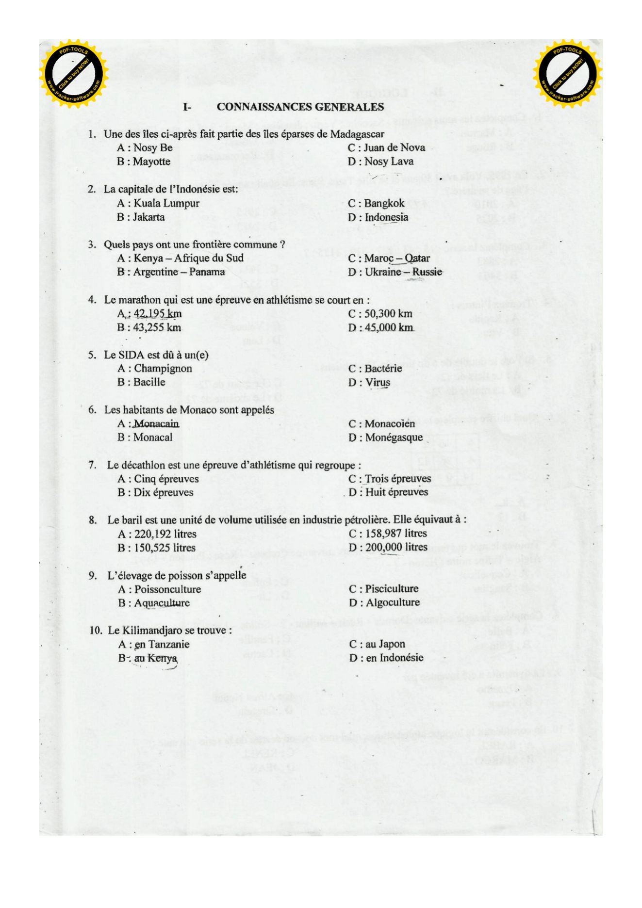 Sujet test psychotechnique concours ESPA Polytechnique Antananarivo test non daté n° 3