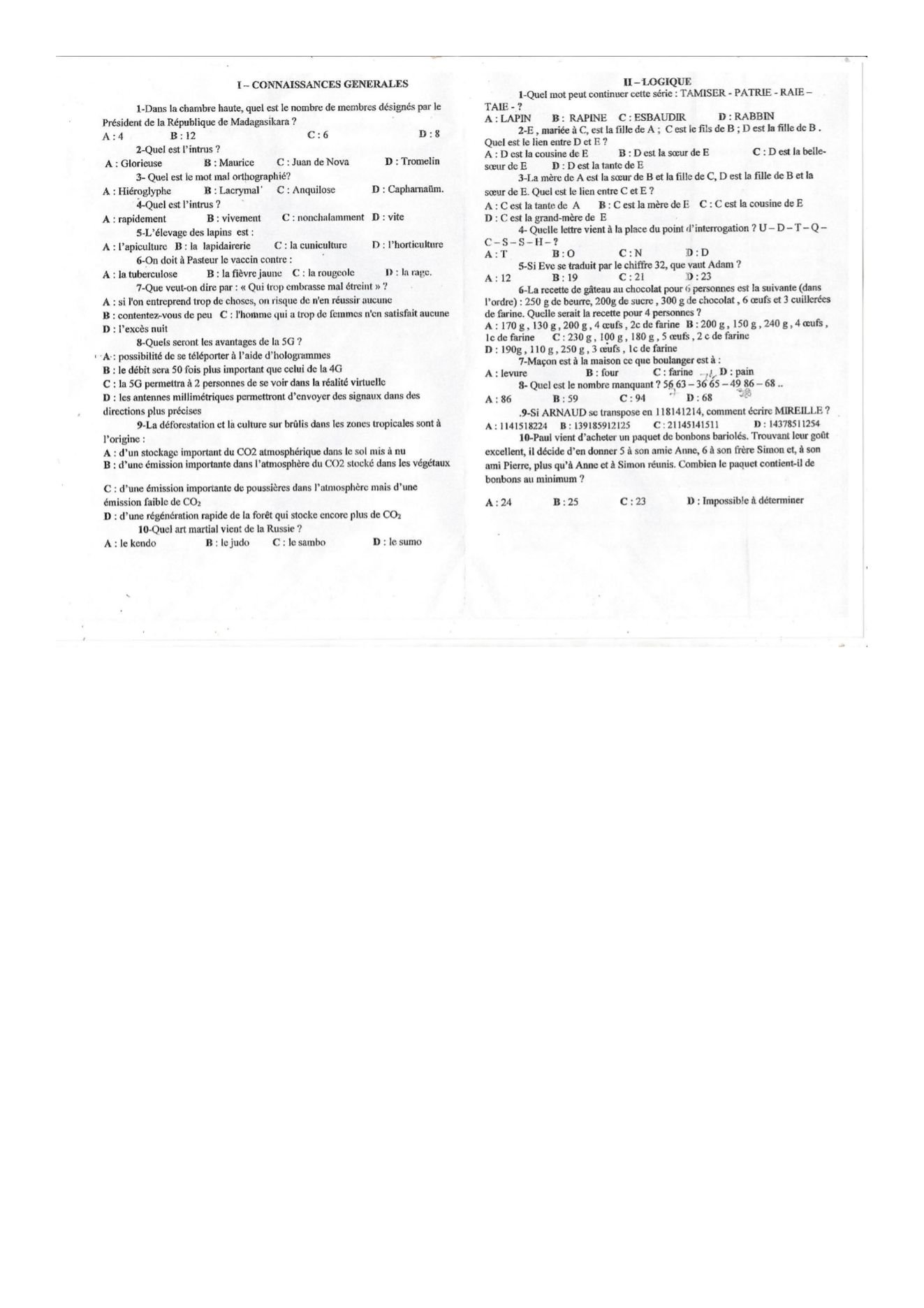 Sujet test psychotechnique concours ESPA Polytechnique Antananarivo test non daté n° 4