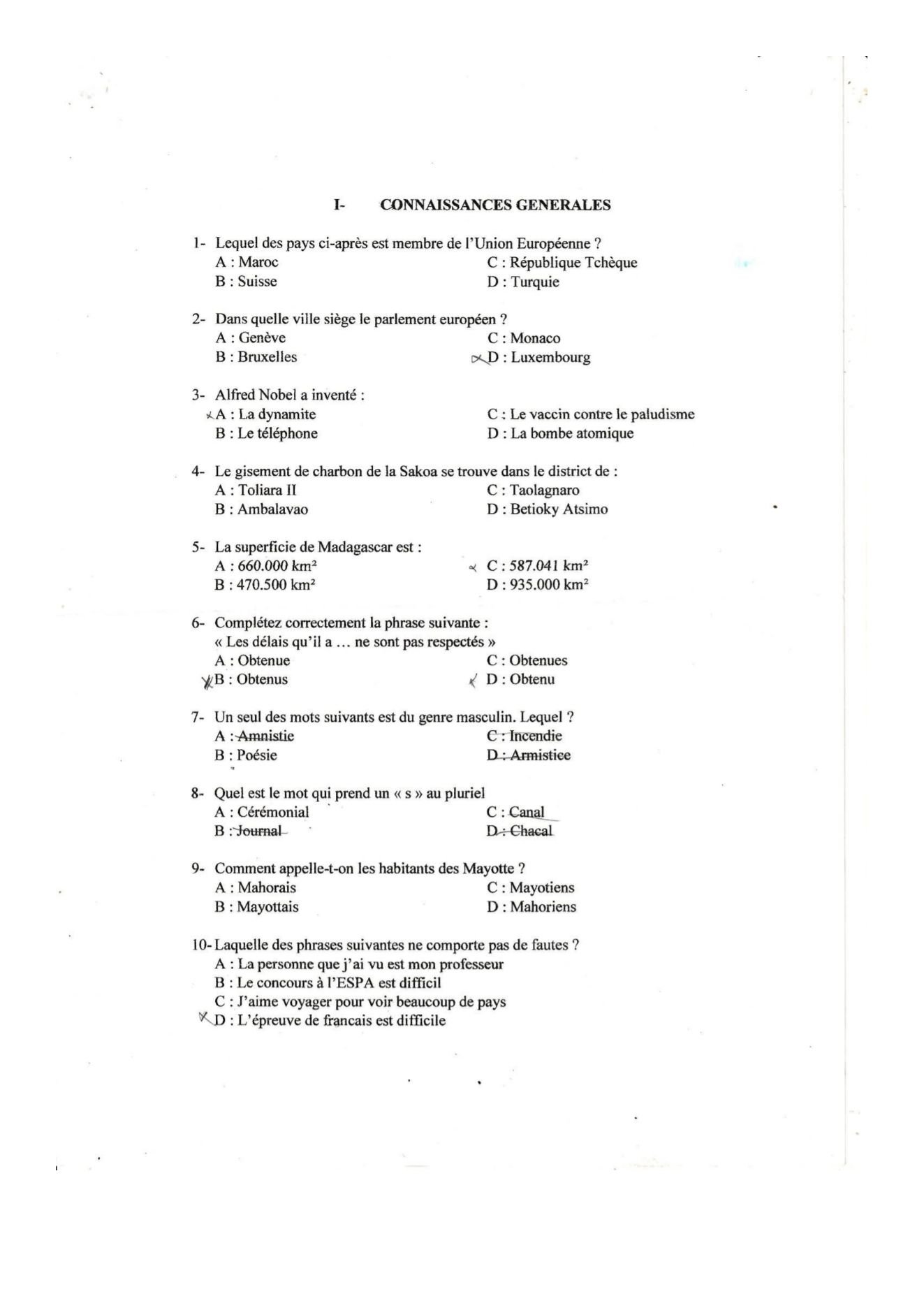 Sujet test psychotechnique concours ESPA Polytechnique Antananarivo test non daté n° 5