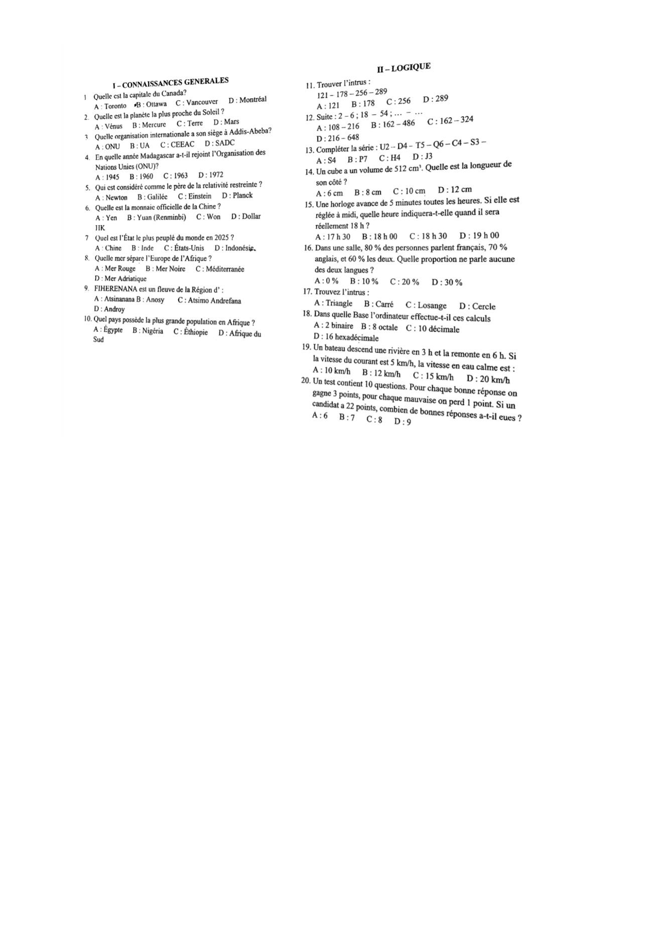 Sujet test psychotechnique concours ESPA Polytechnique Antananarivo test non daté n° 6
