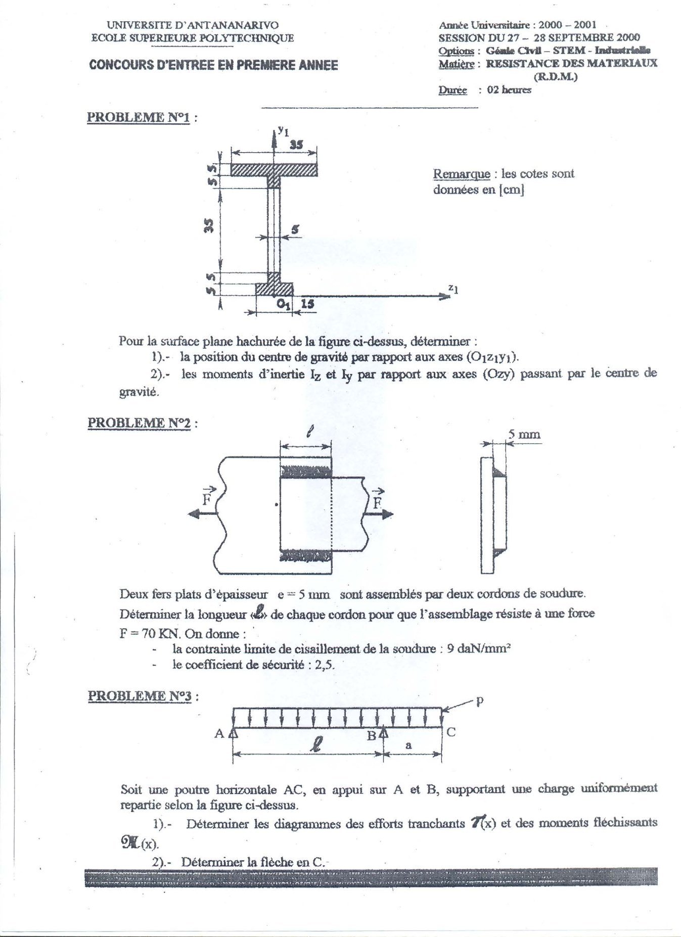 Sujet résistance des matériaux concours ESPA Polytechnique Antananarivo session 2000