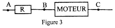 Figure 3 du BAC 2016 série C : portion de circuit AC, résistance R entre A et B puis moteur entre B et C