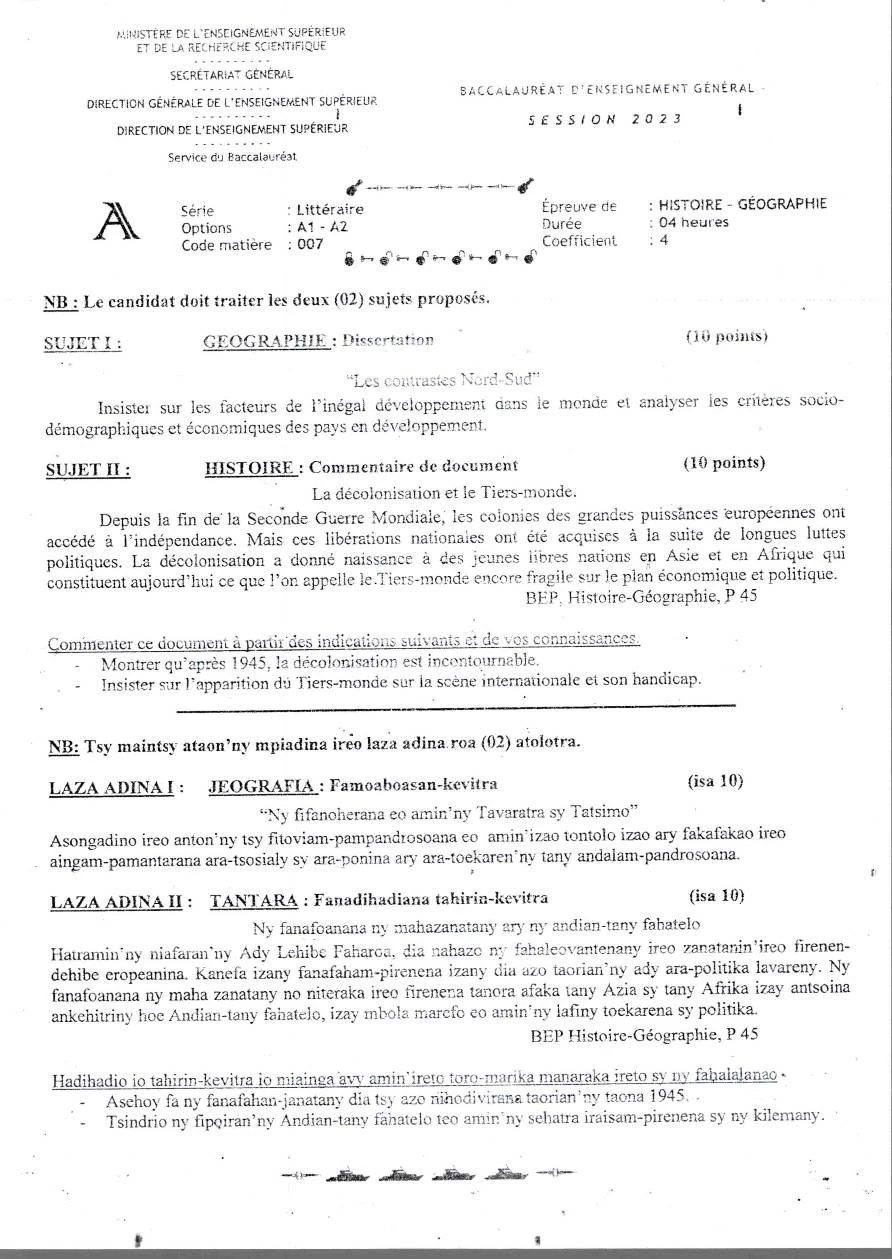 Sujet original du BAC 2023 d’histoire-géographie, série A (A1-A2), Madagascar