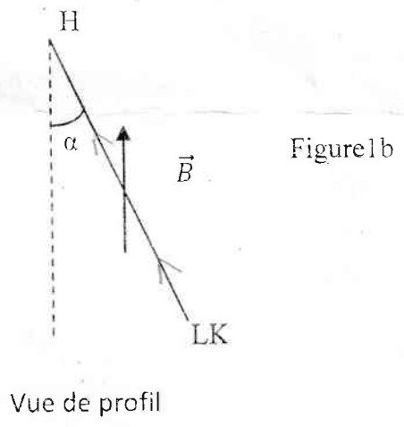 Figure 1b du BAC 2023 série C : le même cadre en vue de profil, côté HJ en haut, côté LK en bas, angle alpha avec la verticale, champ B vertical
