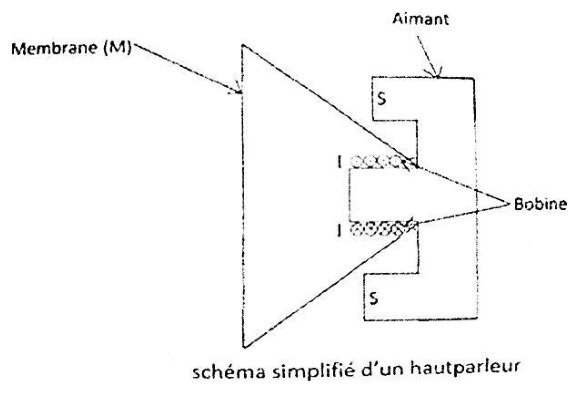 Schéma simplifié d’un haut-parleur : membrane conique (M) solidaire d’une bobine parcourue par le courant I ; la bobine entoure le pôle central d’un aimant dont les deux pôles extérieurs sont marqués S