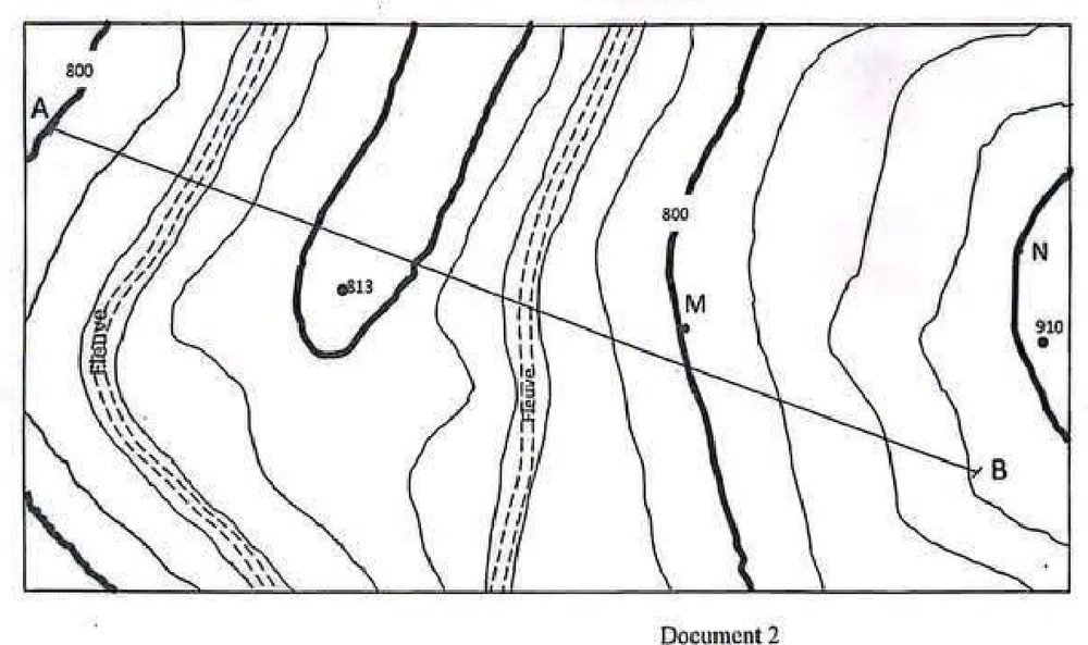 Document 2 : extrait de carte topographique avec deux fleuves, des courbes de niveau fines et épaisses, deux courbes cotées 800, les points cotés 813 et 910, les points M et N et le trait de coupe AB