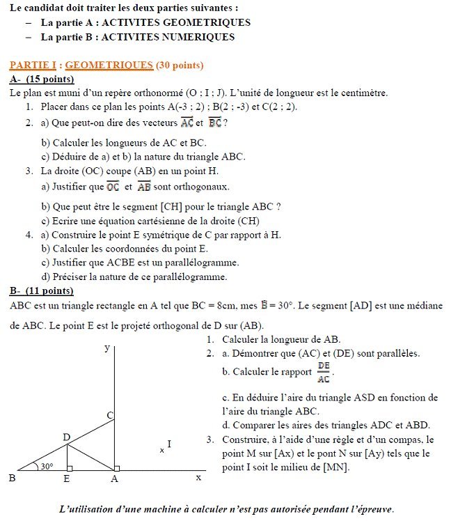 Sujet original du BEPC 2000 de mathématiques, Madagascar : partie I, A et B