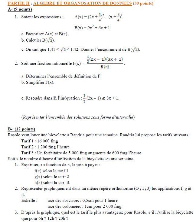 Sujet original du BEPC 2000 de mathématiques : partie II, A et B