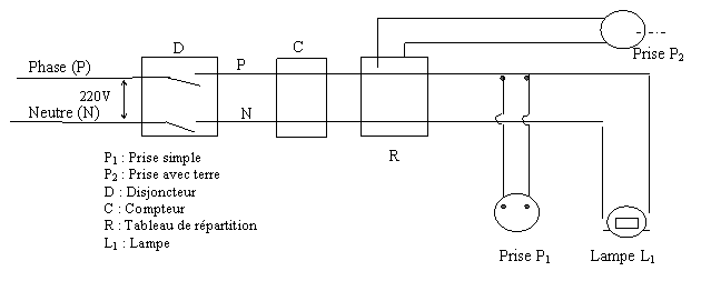 Schéma à corriger : phase et neutre 220 V, disjoncteur D, compteur C, tableau de répartition R, prise simple P1, prise avec terre P2, lampe L1