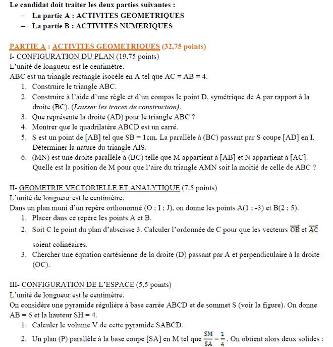 Sujet original du BEPC 2001 de mathématiques, Madagascar : partie A, exercices I à III