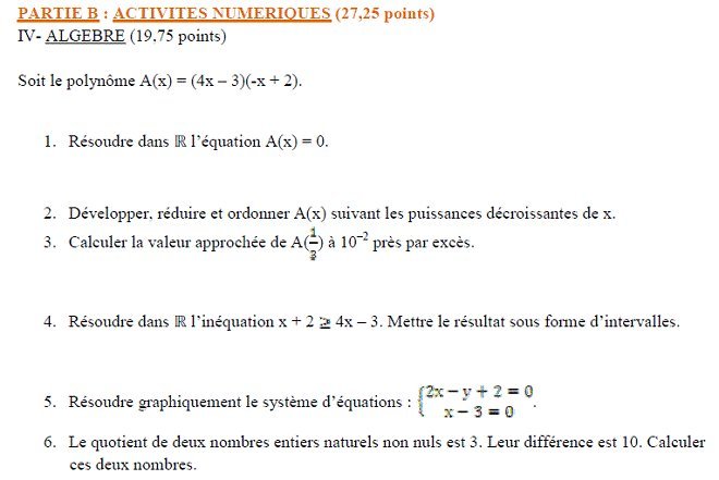Sujet original du BEPC 2001 de mathématiques : partie B, algèbre