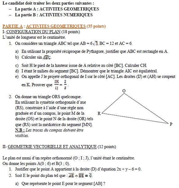 Sujet original du BEPC 2002 de mathématiques, Madagascar : partie A, exercices I et II