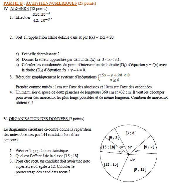 Sujet original du BEPC 2002 de mathématiques : partie B, algèbre et diagramme circulaire