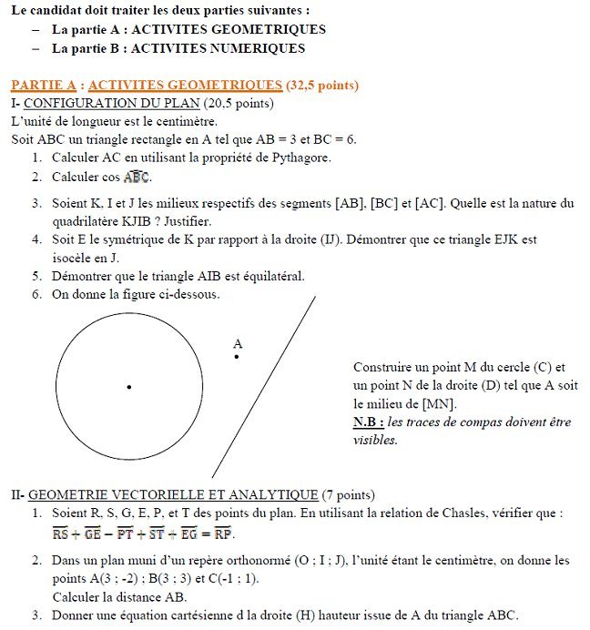 Sujet original du BEPC 2003 de mathématiques, Madagascar : partie A, exercices I et II