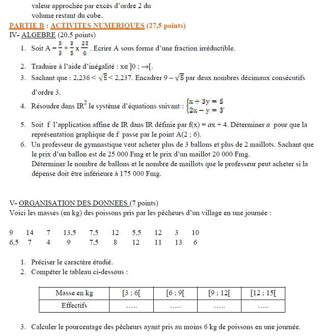 Sujet original du BEPC 2003 de mathématiques : partie B, algèbre et organisation des données