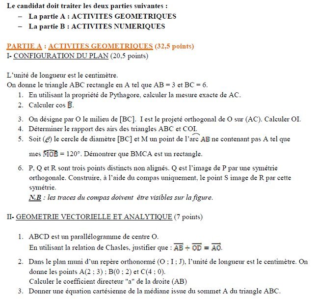 Sujet original du BEPC 2004 de mathématiques, Madagascar : partie A, configuration du plan et géométrie vectorielle
