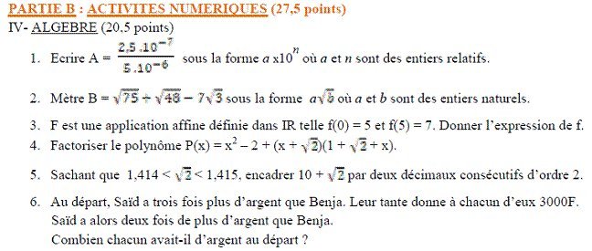 Sujet original du BEPC 2004 de mathématiques : partie B, algèbre