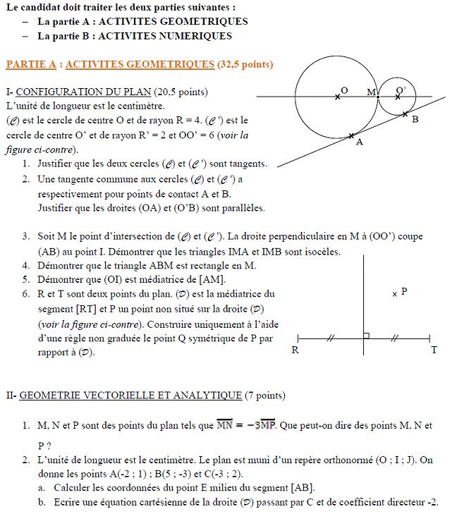 Sujet original du BEPC 2005 de mathématiques, Madagascar : partie A, cercles tangents et géométrie vectorielle