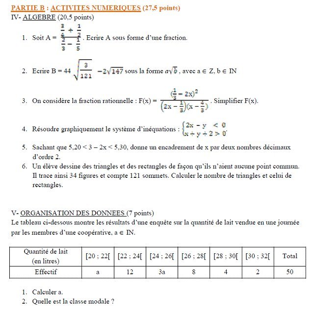Sujet original du BEPC 2005 de mathématiques : partie B, algèbre et organisation des données