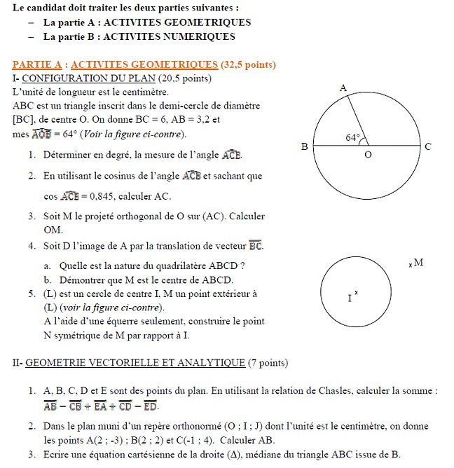 Sujet original du BEPC 2006 de mathématiques, Madagascar : partie A, configuration du plan et géométrie vectorielle